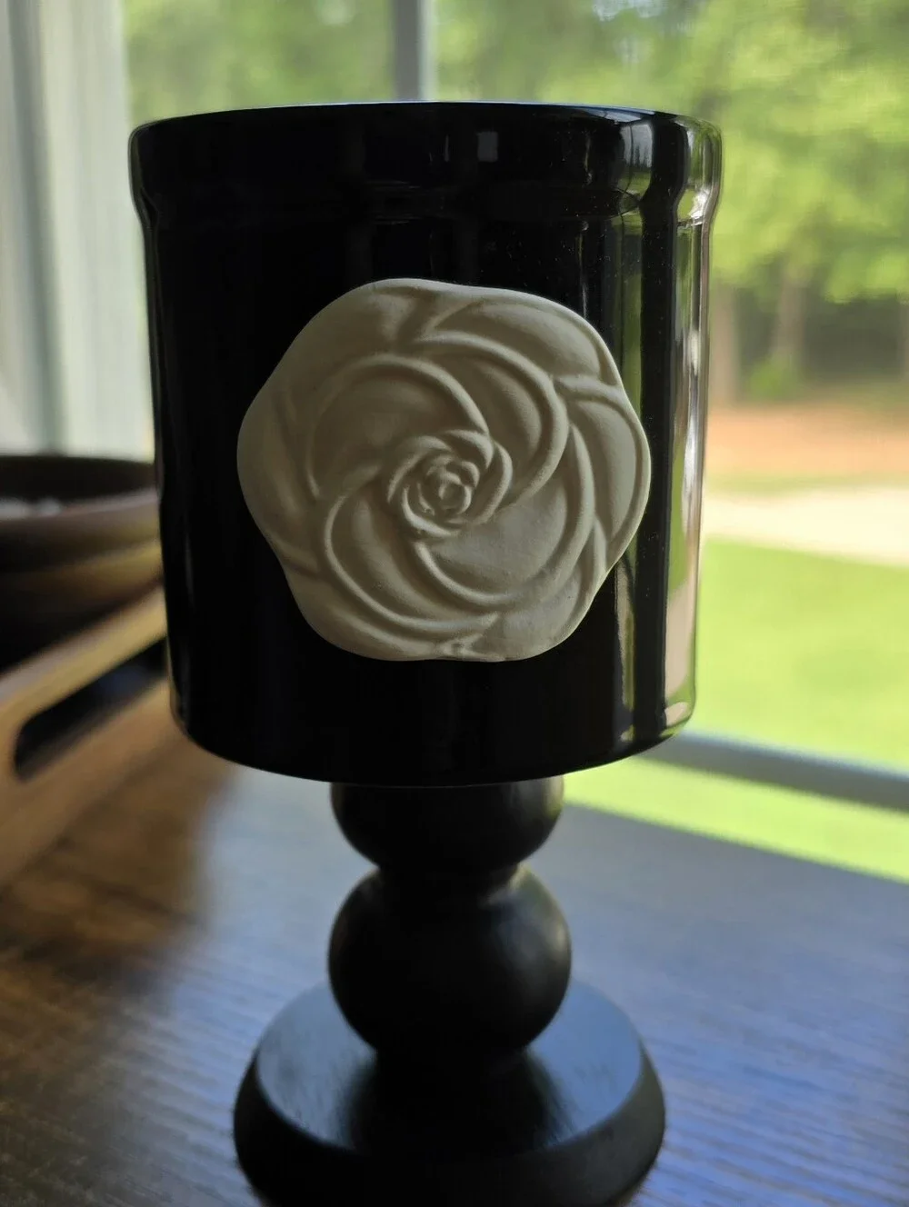 Black Floral Ceramic Pedestal Candle Holder with White Rose Accent